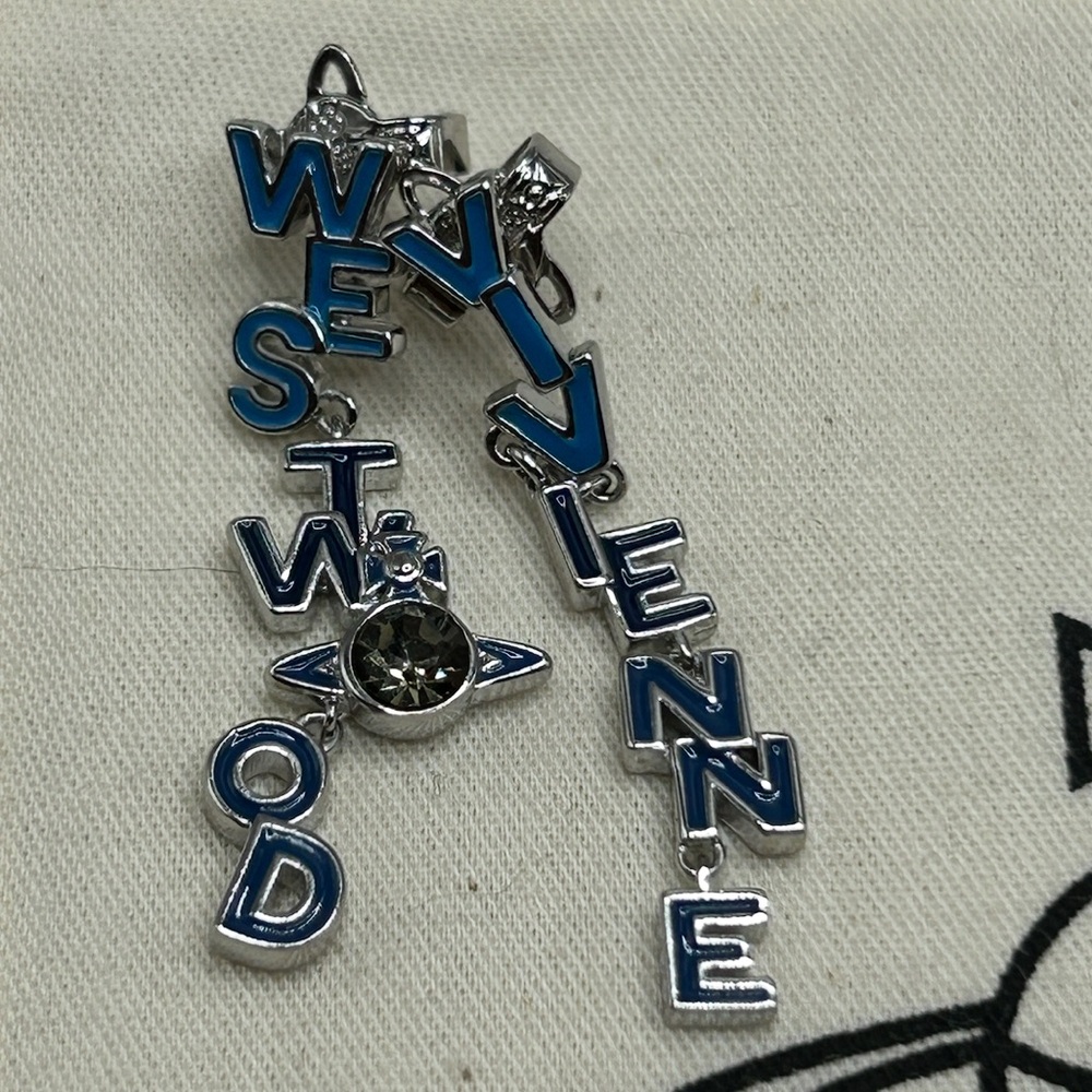 VIVIENNE WESTWOOD Soho Enamel Drop Logo Letter Earrings Blue Silver Crystal Orb - Picture 6 of 14